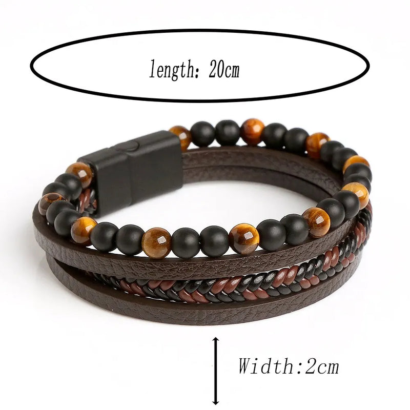 Pulseira de couro masculina Rocker, clássica, fashion, olho-de-tigre, em couro para homens.