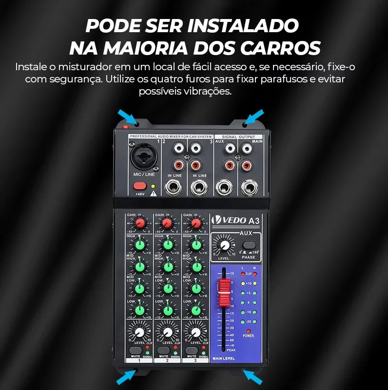 Mixer, Mesa de som. VEDO 3-Channel Professional Portable Sound Mixer.