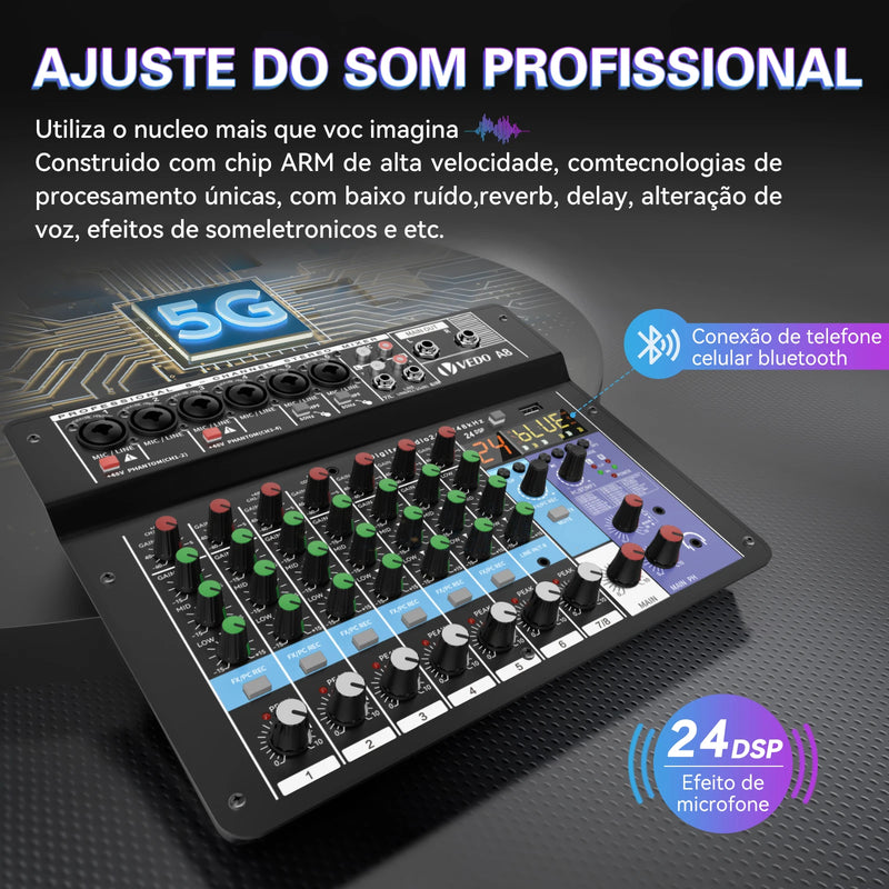 Audio Mixing Console A8, com 8 canais. Equipamento de áudio para transmissão ao vivo.