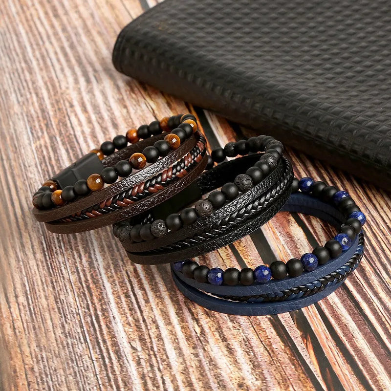 Pulseira de couro masculina Rocker, clássica, fashion, olho-de-tigre, em couro para homens.