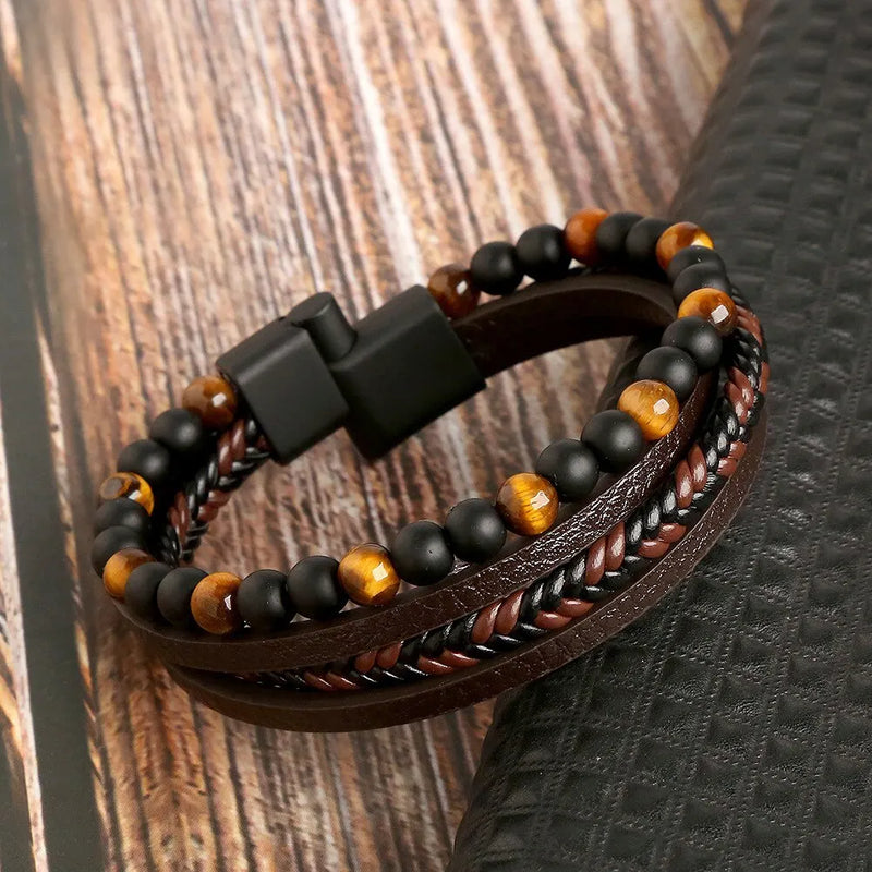 Pulseira de couro masculina Rocker, clássica, fashion, olho-de-tigre, em couro para homens.