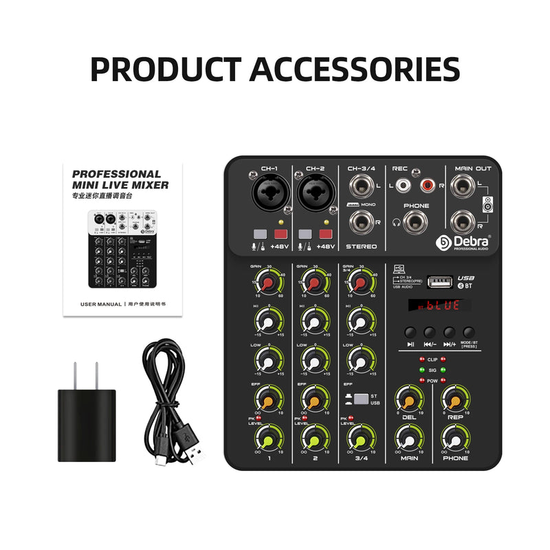 IKGE V8 Audio Mixer com Bluetooth 5.0 48V Phantom Power.