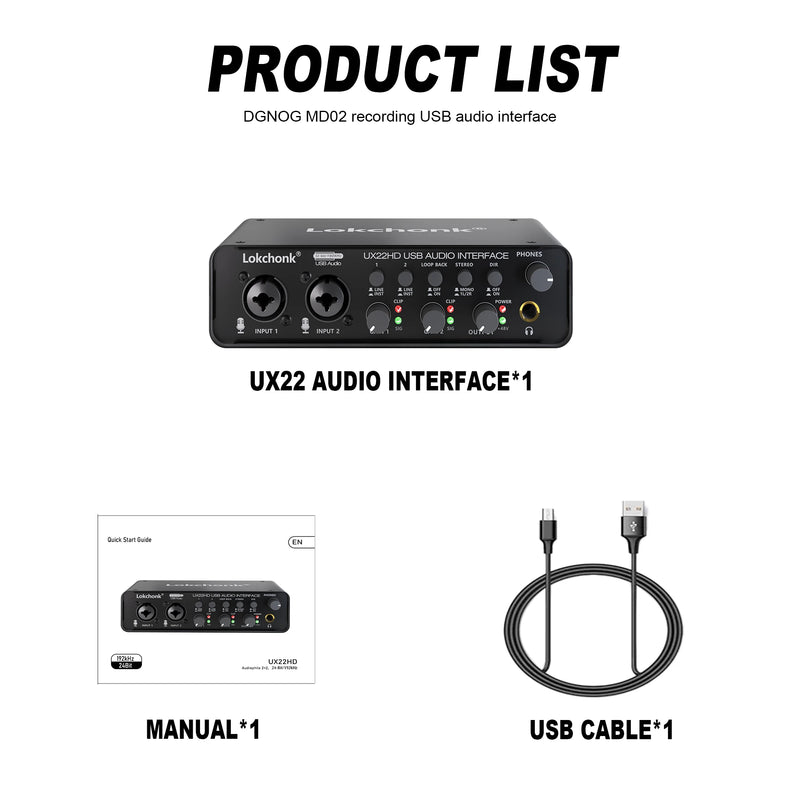 Placa de som. Interface de audio UX22 32 bits/192 KHz Conversor AD/DA. Estúdio profissional.