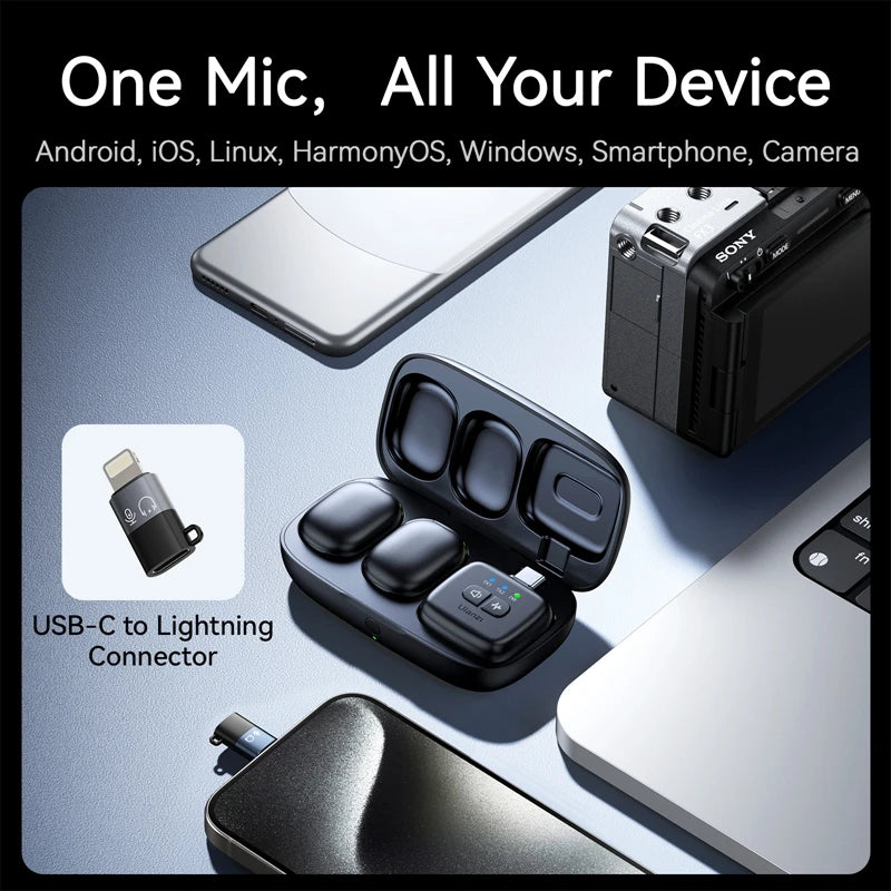 Mic Microfone de lapela Ulanzi A30 Tiny Mic sem fio 50M. Para gravação de vídeo profisssional.Para iPhone 16 15 Telefone Android Câmeras DSLR.