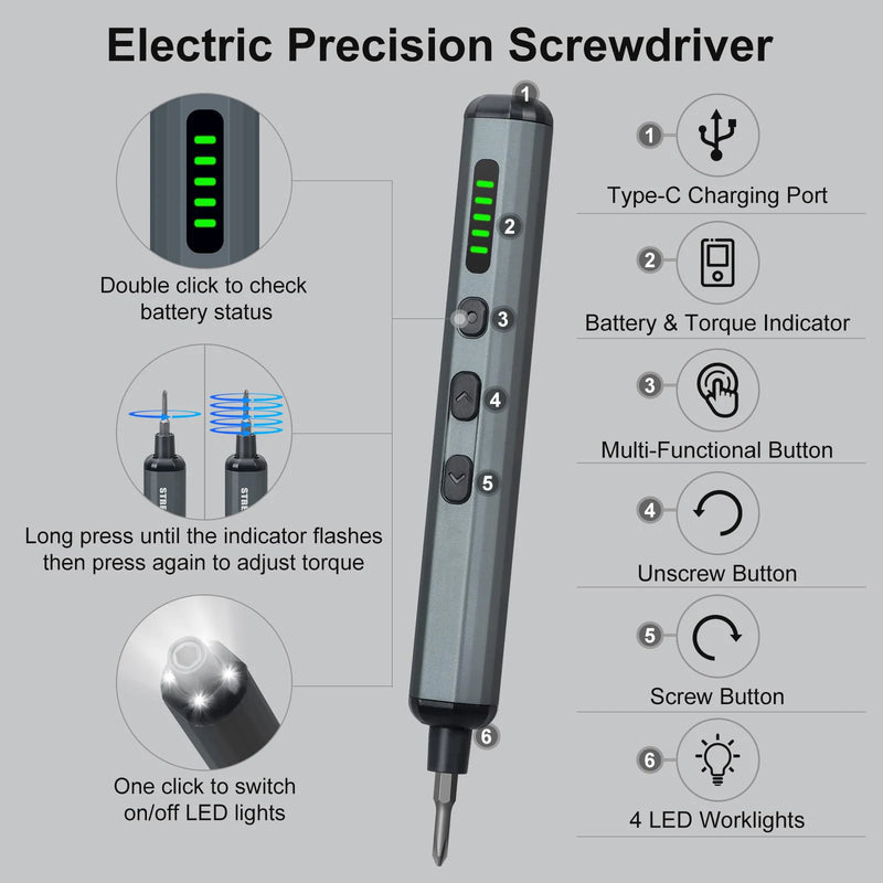 Precision Electric Screwdriver Set 68 in 1 Cordless 64 S2 Precision Drill Bits 5 Torque Settings LED Hand Repair Tool Kit