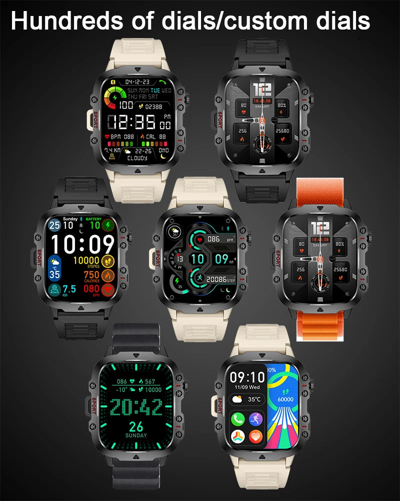 Relógio Rugged Military GPS, Men Bluetooth Call Health Monitoring AI Voice Sports Waterproof.