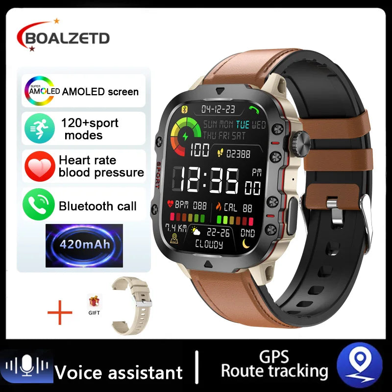 Relógio Rugged Military GPS, Men Bluetooth Call Health Monitoring AI Voice Sports Waterproof.