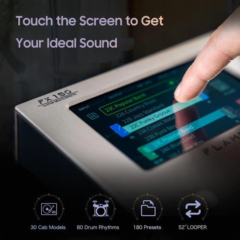 FLAMMA FX150 Pedaleira Multi-Efeitos para guitarra. 160 efeitos 180 slots predefinidos 30 simulação de cabinete, 80 bateria eletrônica.  52S Looper Tela sensível ao toque.