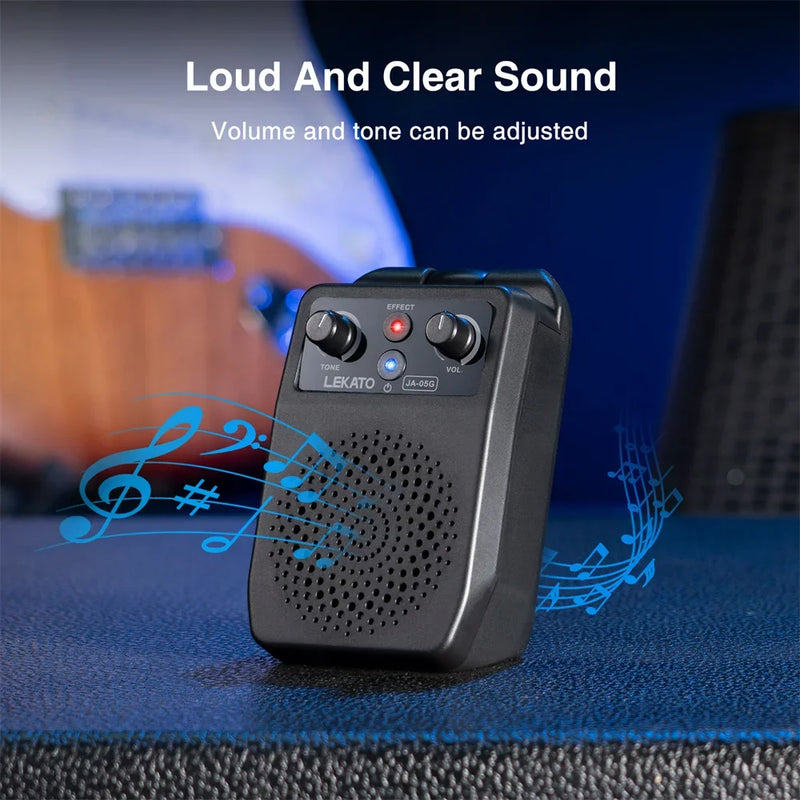 LEKATO  Mini Amplificador de Guitarra, 5W, Portátil Bluetooth Embutido 4 Efeitos Recarregável. A companhia perfeita para guitarristas. Aquele som perfeito em todo lugar.