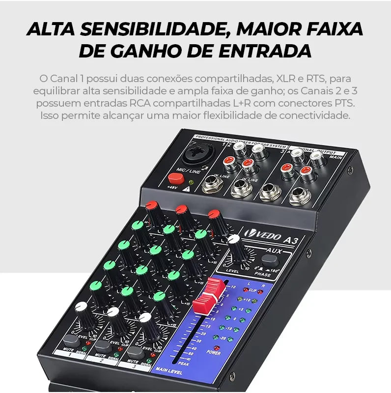 Mixer, Mesa de som. VEDO 3-Channel Professional Portable Sound Mixer.