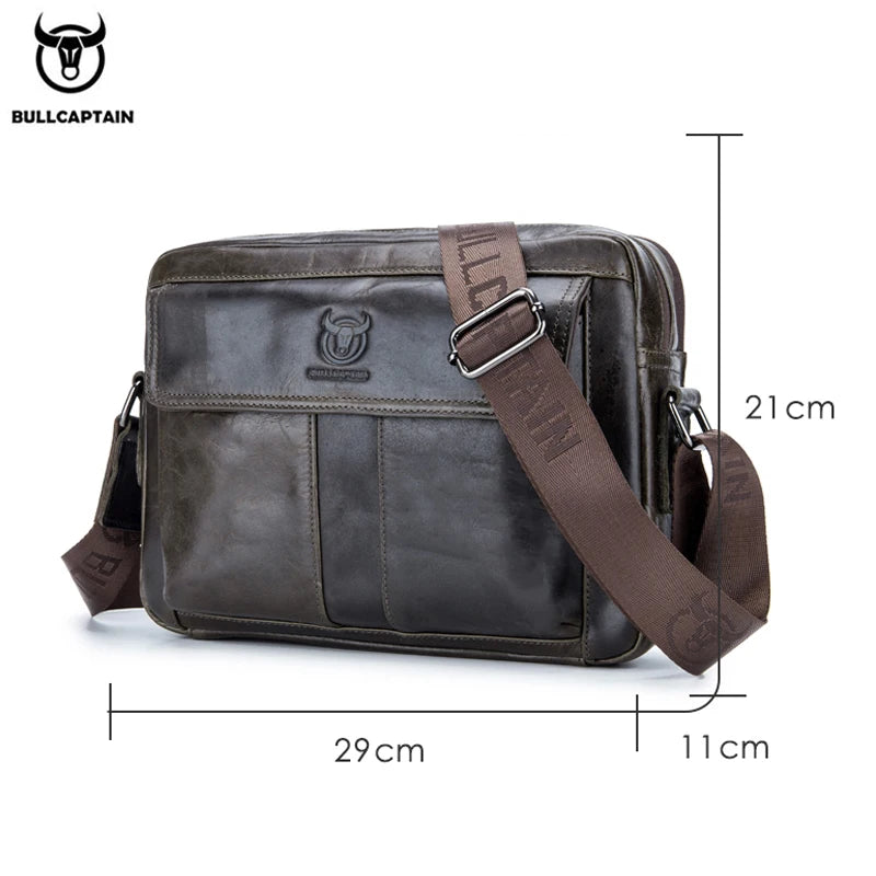 Bolsa transversal masculina de couro legítimo BULLCAPTAIN. Grande capacidade.