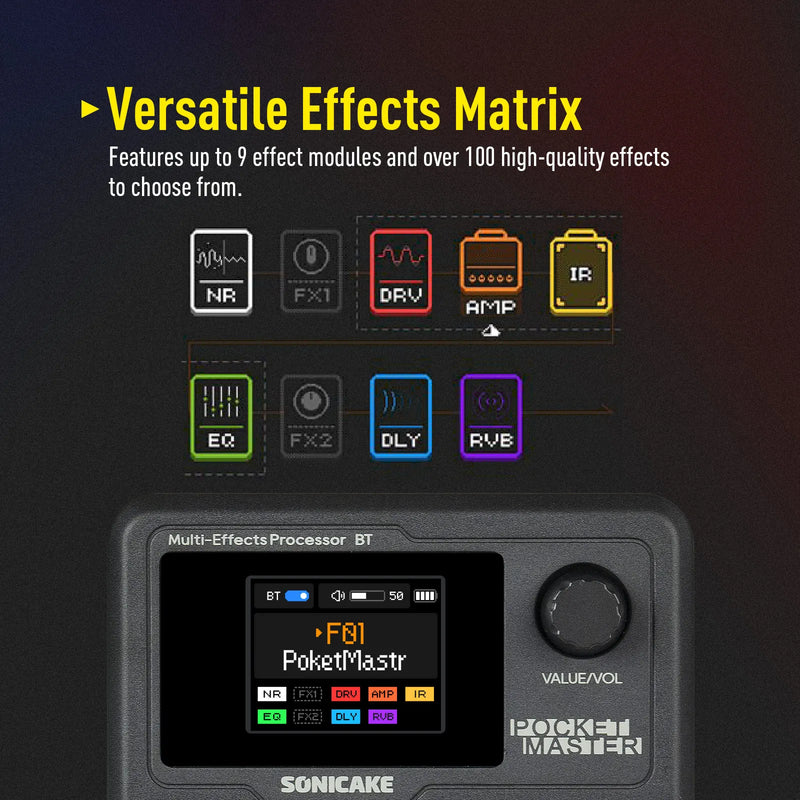 SONICAKE Pocket Master. Pedal multiefeitos 100+ Ler IR. Lan. Controle por aplicativo Tela LCD colorida de 1,77" Bateria integrada QME-10.