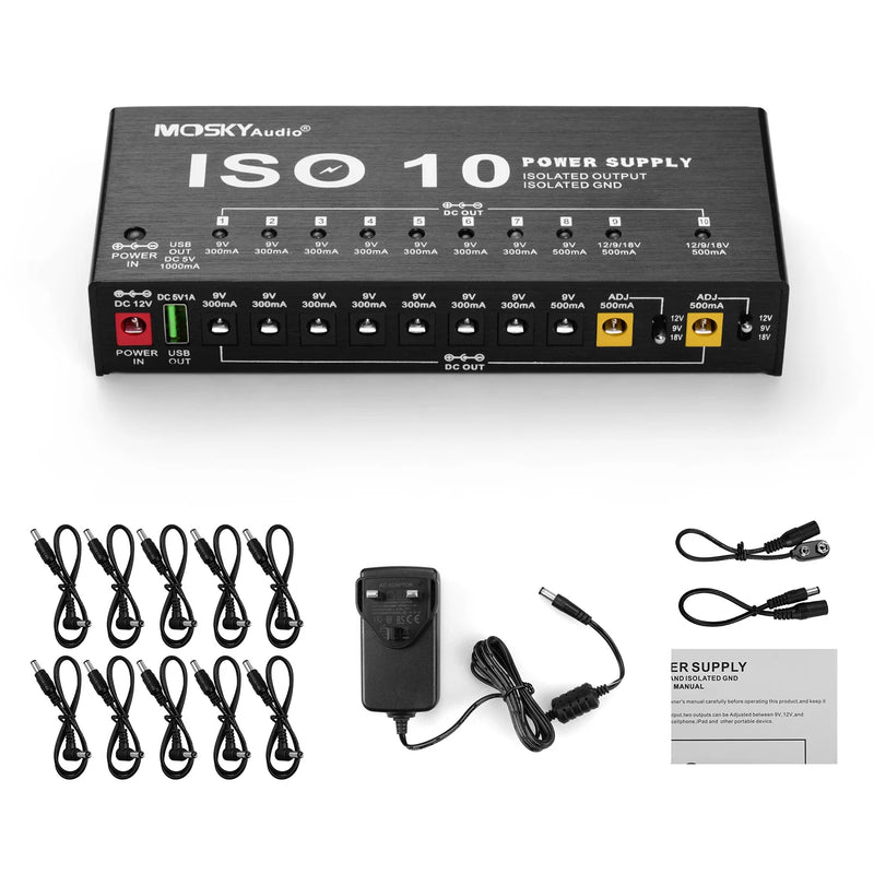 Fonte de alimentação para pedal de efeito de guitarra MOSKY ISO-10 10 saídas DC isoladas/saída USB de 5 V para proteção de 9 V 12 V 18 V.