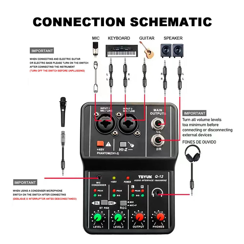 Mixer portátil 2 Canais Profissional TEYUN Q12. Interface de Áudio.