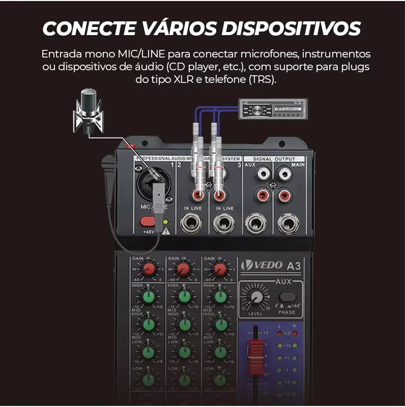 Mixer, Mesa de som. VEDO 3-Channel Professional Portable Sound Mixer.