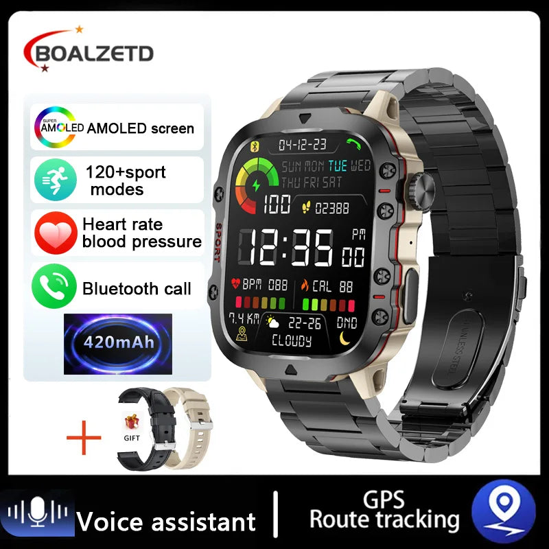 Relógio Rugged Military GPS, Men Bluetooth Call Health Monitoring AI Voice Sports Waterproof.