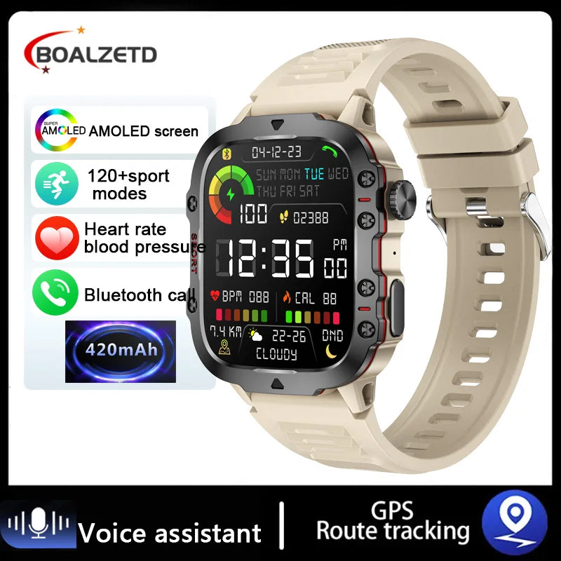 Relógio Rugged Military GPS, Men Bluetooth Call Health Monitoring AI Voice Sports Waterproof.