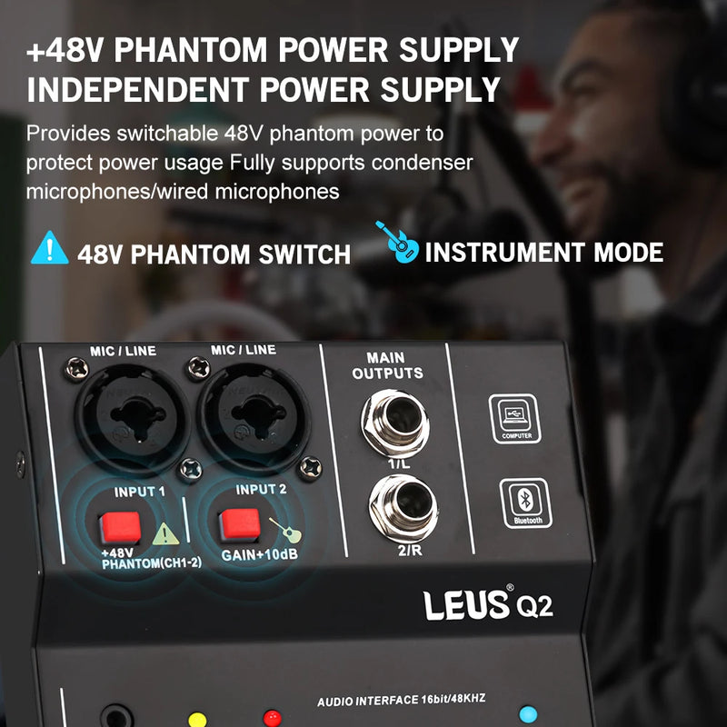 Mixer LEUS Q2. Interface de áudio Bluetooth USB Record. Phantom Power Delay Repeaat Effect 2 canais.