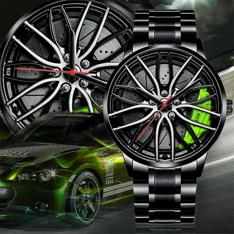 Relógio masculido esportivo, modelo Sports car wheel, em aço inox.